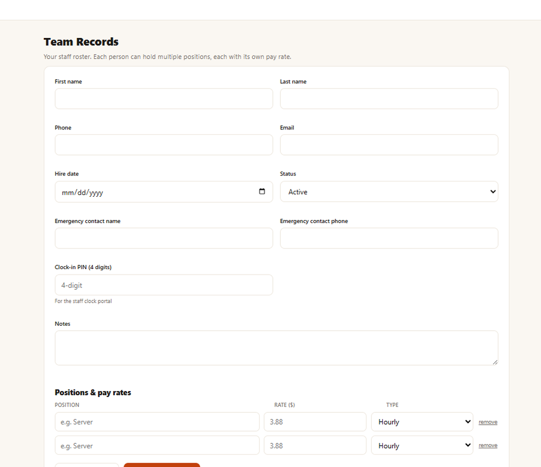 DISHROW team records form for adding staff with positions, pay rates, and a clock-in PIN